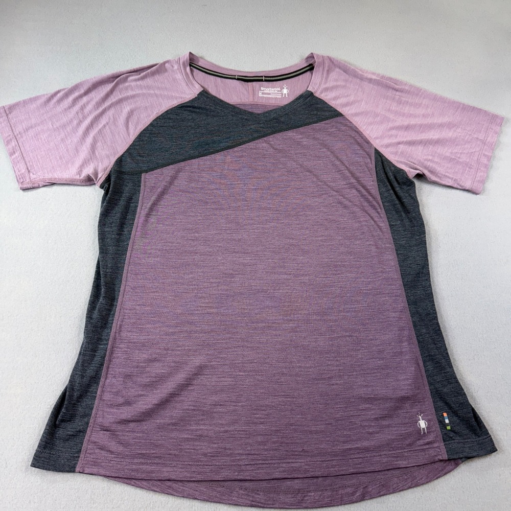 Smartwool Merino Wool Sport 120 Shirt Womens Colorblock V-Neck Purple Gray Med